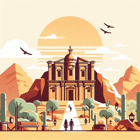 Egyptian temple in the mountains. Vector illustration in flat style.のイラスト素材