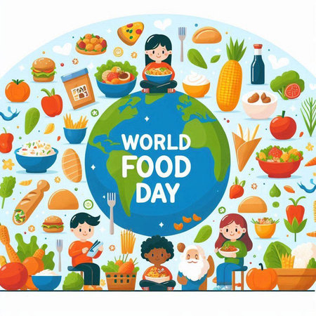 World food day poster with people eating healthy food and vegetables vector illustrationのイラスト素材