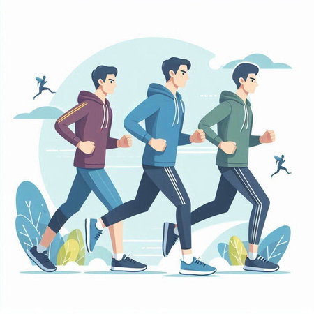 Running men. Healthy lifestyle. Vector illustration in flat cartoon style.のイラスト素材