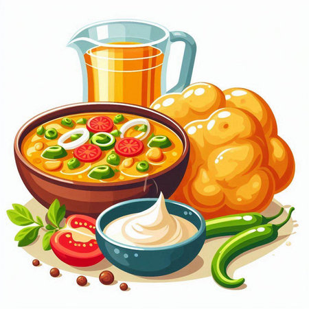 Illustration of a bowl of vegetable soup with sour cream and ingredientsのイラスト素材