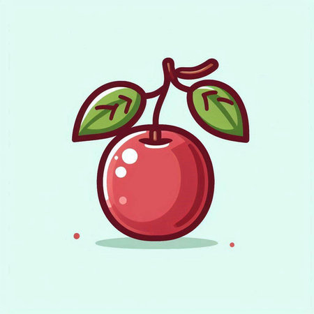 Cherry fruit icon. Vector illustration of red cherry with green leaves.のイラスト素材