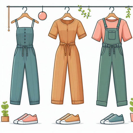 Set of clothes on hangers. Vector illustration in cartoon style.のイラスト素材