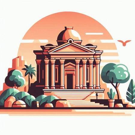 vector illustration of ancient building in the style of flat design, on the background of the sunsetのイラスト素材