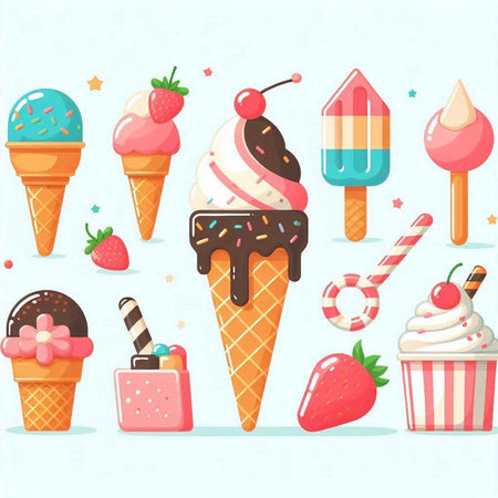 Ice cream vector set. Ice cream cone with strawberry, cherry, vanilla, chocolate, strawberry, ice cream.のイラスト素材