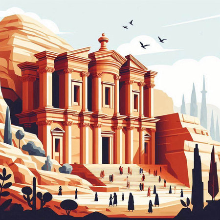 The ancient city of Petra, Jordan. Illustration in retro styleのイラスト素材
