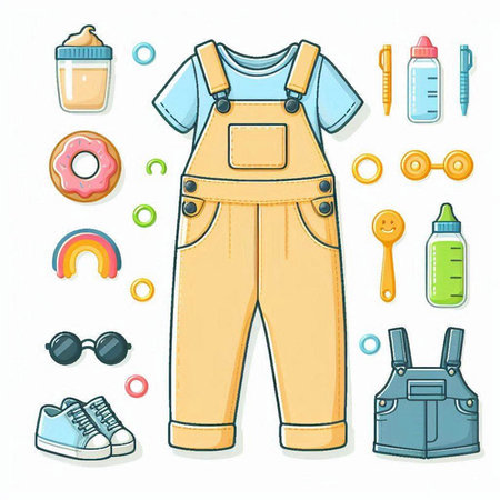 Set of clothes and accessories for baby. Vector illustration in doodle style.のイラスト素材