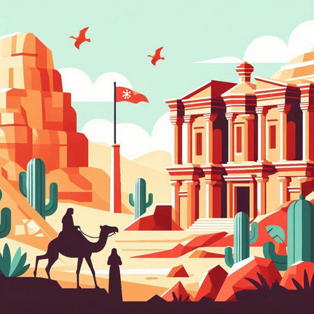 Desert landscape with camel, cactuses and mountains. Vector illustrationのイラスト素材