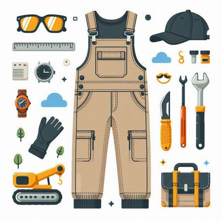 Set of construction tools and overalls. Vector illustration in flat styleのイラスト素材