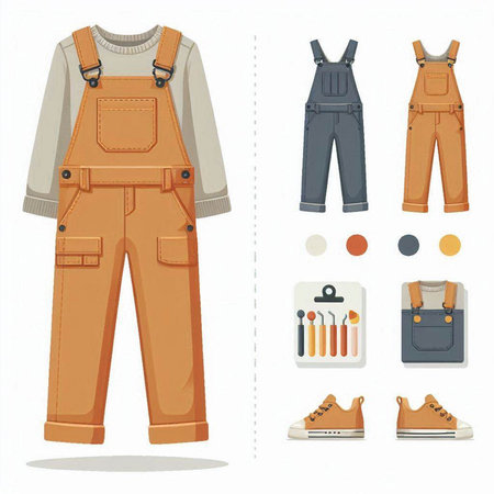 Set of overalls for work in the workshop. Vector illustration.のイラスト素材