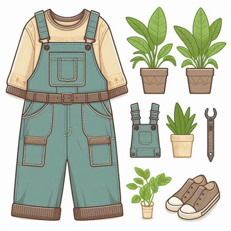 Set of green overalls, shoes, plant and tools. Vector illustration.のイラスト素材