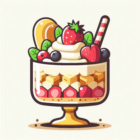 Vector illustration of a dessert with strawberries, cherries, blueberries and whipped cream.のイラスト素材