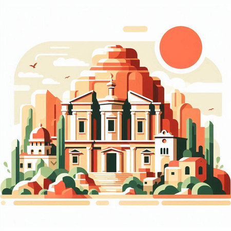 Landscape of the ancient temple in the style of flat design.のイラスト素材
