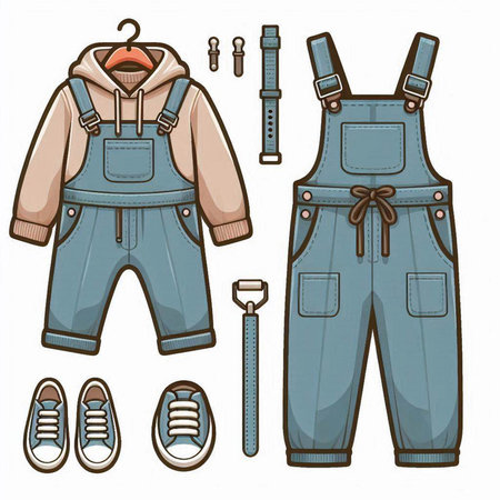 Set of overalls and accessories. Vector illustration isolated on white background.のイラスト素材