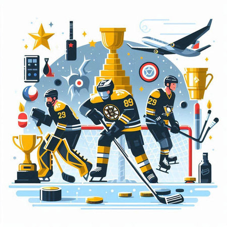 Hockey players and equipment. Vector illustration in flat cartoon style.のイラスト素材