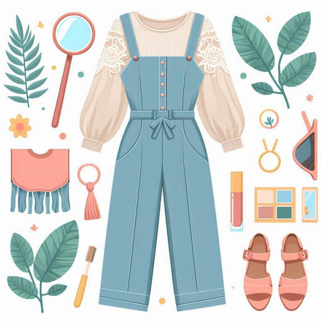 Clothes and accessories set. Vector illustration in a flat style.のイラスト素材