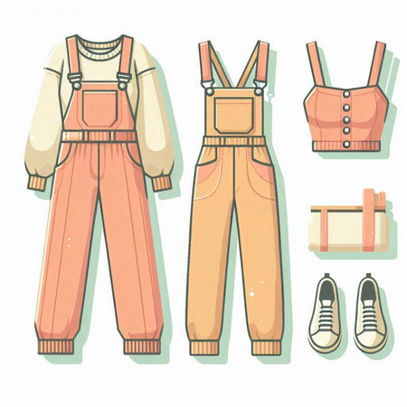 Set of women's overalls. Vector illustration in flat style.のイラスト素材