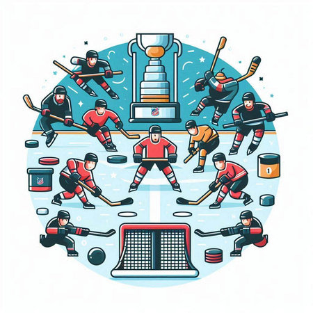 Ice hockey players and equipment, sport elements. Vector illustration in cartoon styleのイラスト素材