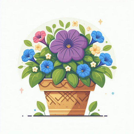 Flowerpot with blue and violet pansies. Vector illustration.のイラスト素材