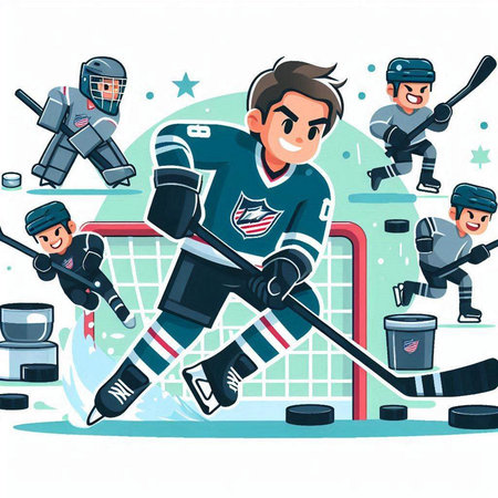 Cartoon hockey player. Vector illustration of a hockey player on ice.のイラスト素材