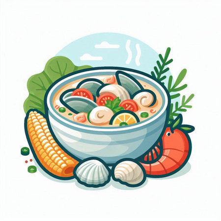 Illustration of a bowl of seafood soup. Vector illustration of a bowl of seafood soup.のイラスト素材