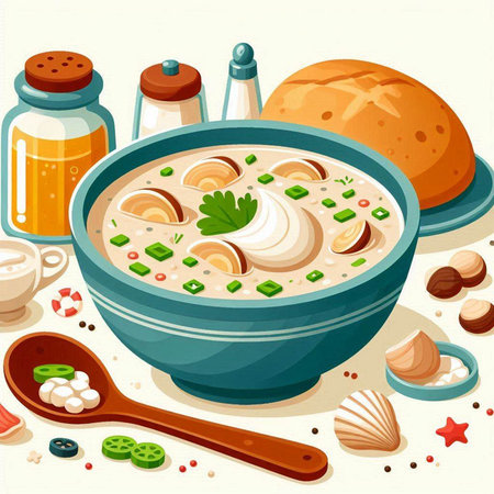Illustration of a bowl of soup with mushrooms, parsley and spicesのイラスト素材