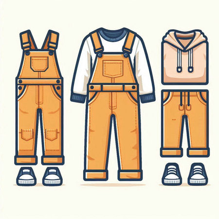Set of work overalls vector illustration isolated on white background. Workwear clothing.のイラスト素材
