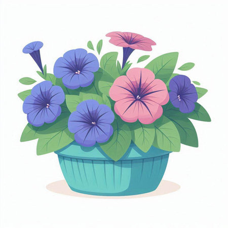 Morning glory flowers in flowerpot. Vector illustration in cartoon style.のイラスト素材
