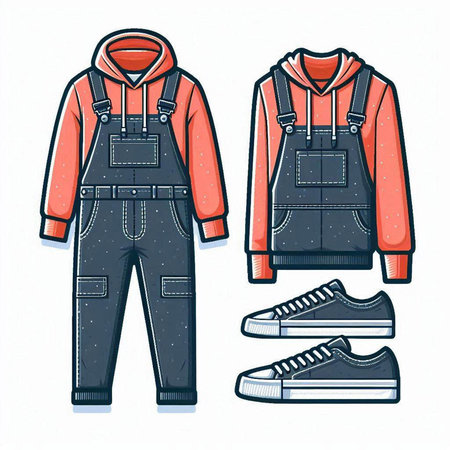 Outfit of a man in overalls and sneakers. Vector illustration.のイラスト素材
