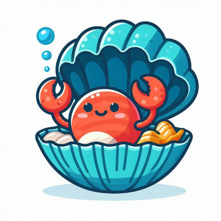 Cute cartoon crab on a blue sea shell. Vector illustration.のイラスト素材