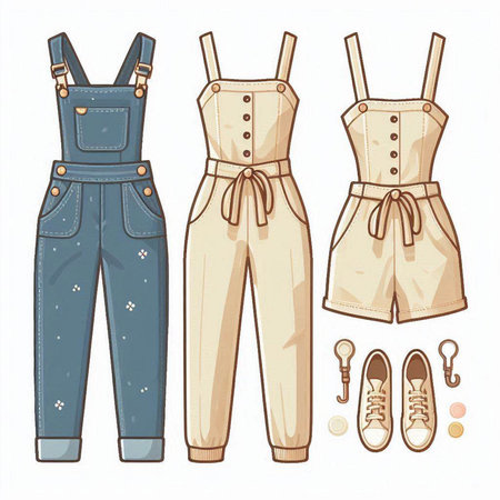 Set of women's clothes. Hand drawn vector illustration in retro style.のイラスト素材