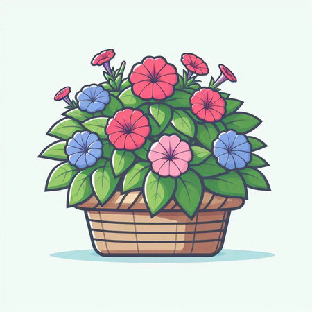 Illustration of a basket full of flowers on a light background.のイラスト素材