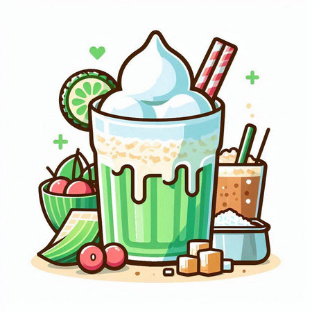 Milkshake with whipped cream and fruits. Vector illustration in flat style.のイラスト素材