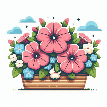 Flower basket with flowers. Vector illustration isolated on white background.のイラスト素材