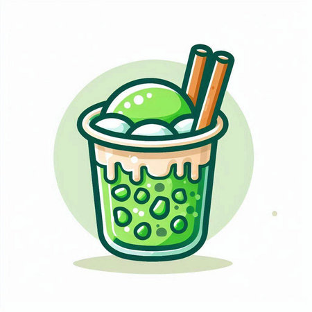 Green tea cup with ice cream and cinnamon sticks. Vector illustration.のイラスト素材