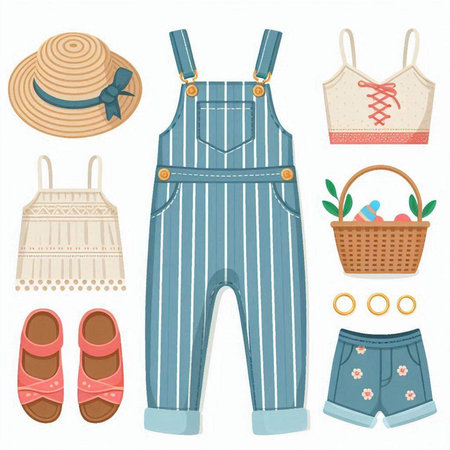 Set of summer clothes and accessories. Vector illustration in flat style.のイラスト素材