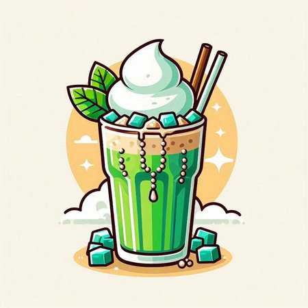 Iced green tea with whipped cream and mint. Vector illustration.のイラスト素材