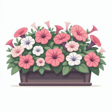 Flower pot with petunia flowers isolated on white background. Vector illustration.のイラスト素材