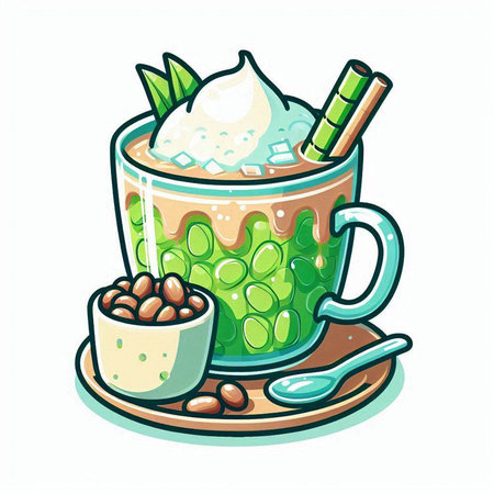 Coffee cup with whipped cream and cocoa beans. Vector illustration.のイラスト素材