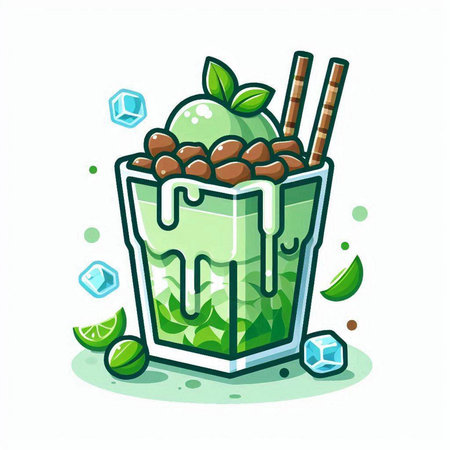Green smoothie with ice cubes and mint leaves, vector illustration.のイラスト素材