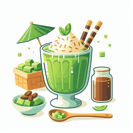 Matcha green tea with ice cream in a glass. Vector illustration.のイラスト素材