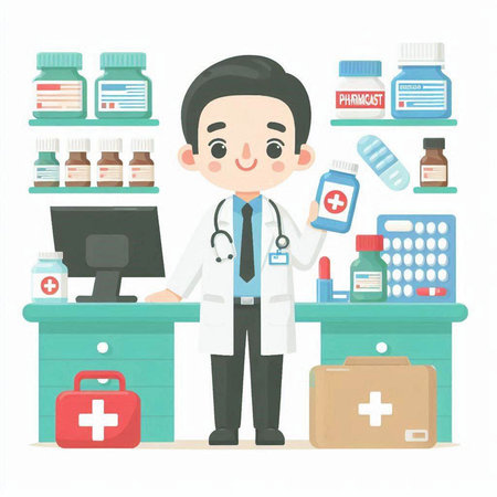 Illustration of a doctor standing in front of a desk full of medicinesのイラスト素材