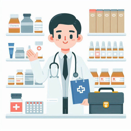 Male pharmacist standing in front of shelves with medicines. Vector illustrationのイラスト素材