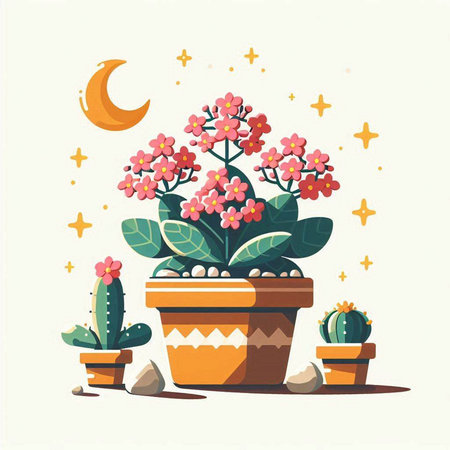 Flower pot with cactus, moon and stars. Vector illustration.のイラスト素材