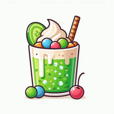 Green smoothie with whipped cream, candies and cherry. Vector illustration.のイラスト素材