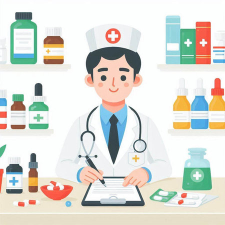 Male doctor writing prescription in medical office. Vector flat cartoon illustration.のイラスト素材