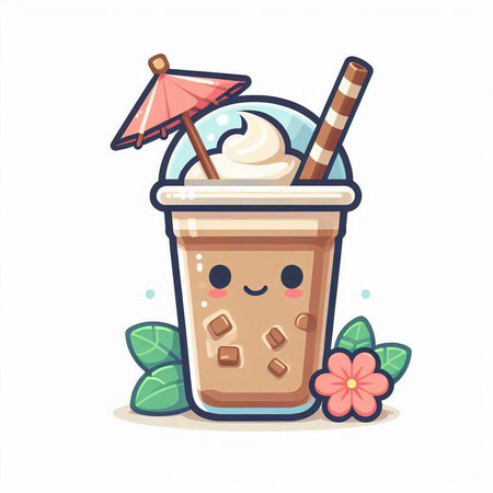 Cute cartoon ice coffee cup with straw and umbrella. Vector illustration.のイラスト素材