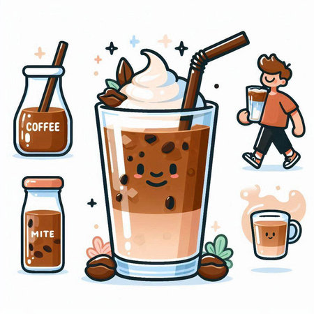 Iced coffee with milk in a glass. Vector cartoon illustration.のイラスト素材