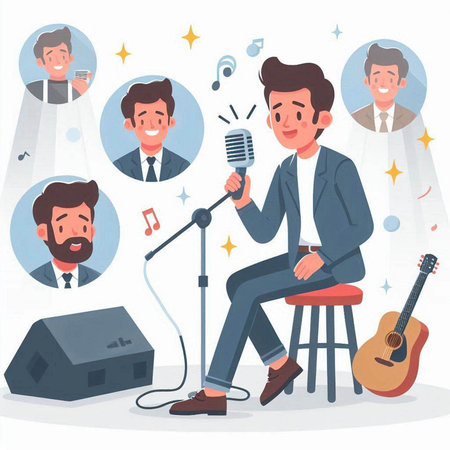 Vector illustration of man singing a song in the radio studio. Flat style design.のイラスト素材