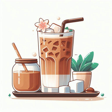 Iced coffee with milk and honey in glass, vector illustration.のイラスト素材