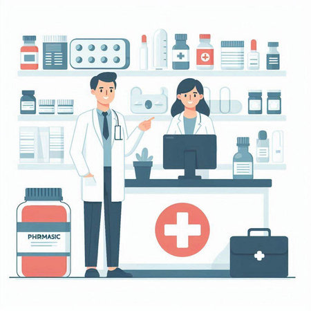 Pharmacist at the counter with a doctor. Vector illustration.のイラスト素材